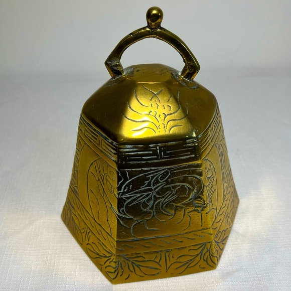 Antique Brass Chinese Temple Bell, Etched in Designs, handle - Picture 1 of 8